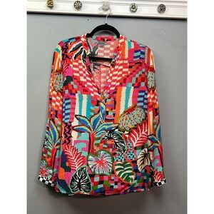 Shana Blouse Women XS Multicolor Tropical Geometric Viscose Silk Long Sleeve Top